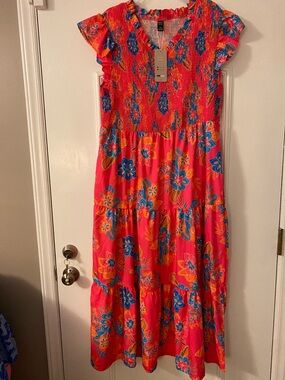 Bright Pink Floral Maxi Dress with Blue & Orange Flowers.